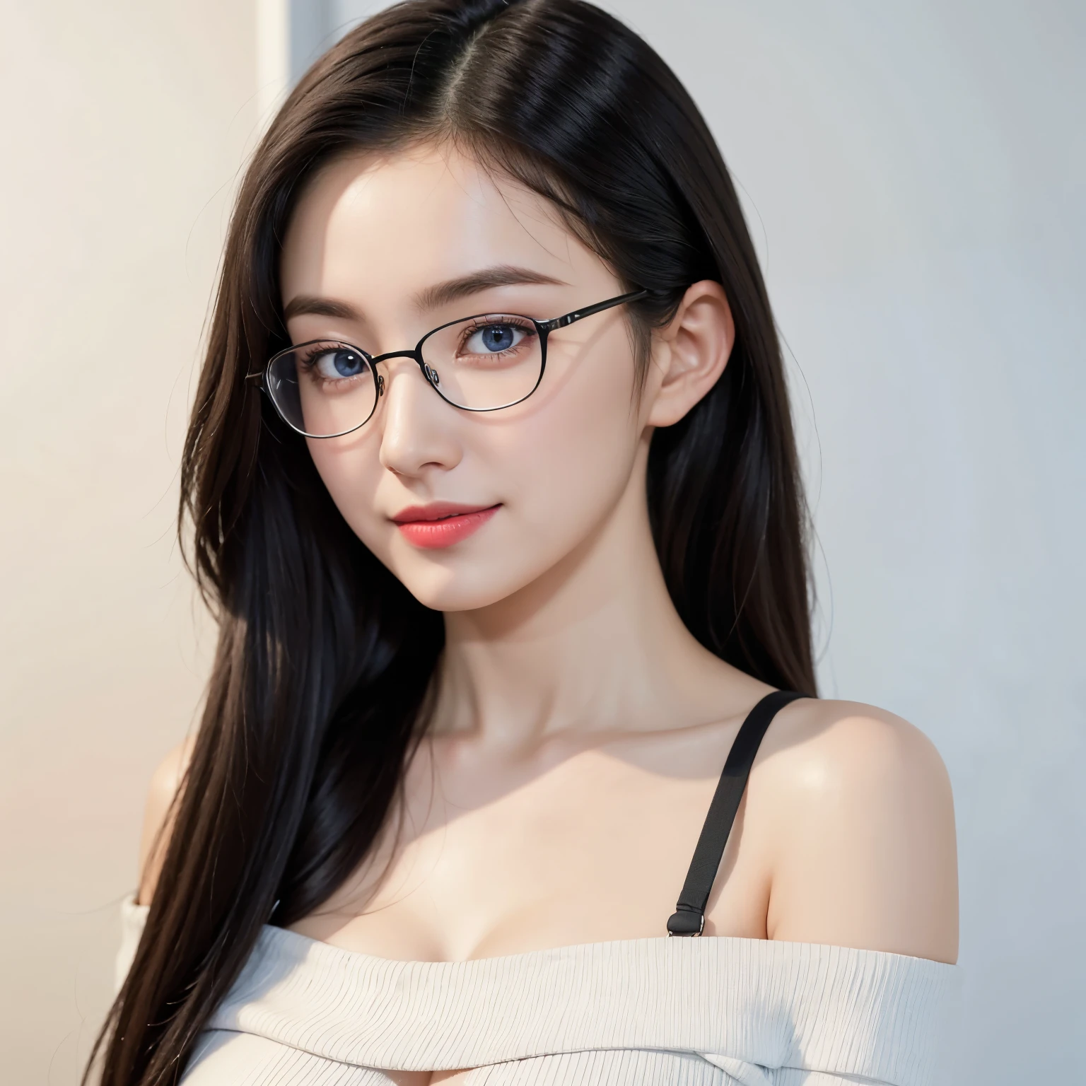(Best quality, masterpiece, detailed), (RAW, 4k, hd images), shy, 1 girl, , white skin, long hair, ponytail, layers hair, bangs, black hair, beautiful girl, cute girl, sweet girl, pretty girl, perfect girl, pretty eyes, blue eyes, thin lips, thin, (eye line, lip stick soft), perfect, glasses(detailed frame), room, smile, off shoulder sweater, black strap bra, close up, looking front, white wall background