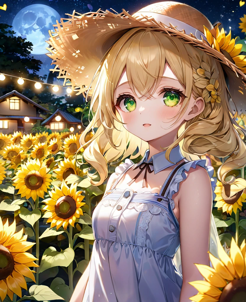 (masterpiece, best quality:1.2), (absurdres, highres, ultra-detailed), (perfect anatomy), 
Cute Girls、Straw hat、Lots of sunflowers、Blonde、Curly long hair、Yellow-green eyes、Sparkling、night、Flower Garden、heart

(8K, RAW photo:1.2),detailed face and eyes,intricate detail ,masterpiece ,sharp focus, high quality,BREAK,rating: general, newest