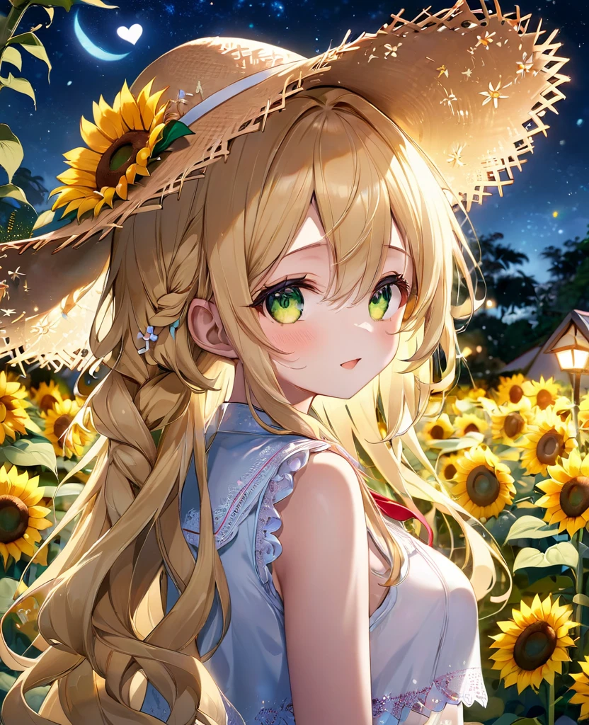 (masterpiece, best quality:1.2), (absurdres, highres, ultra-detailed), (perfect anatomy),
Cute Girls、Straw hat、Lots of sunflowers、Blonde、Curly long hair、Yellow-green eyes、Sparkling、night、Flower Garden、heart
(8K, RAW photo:1.2),detailed face and eyes,intricate detail ,masterpiece ,sharp focus, high quality,BREAK,rating: general, newest