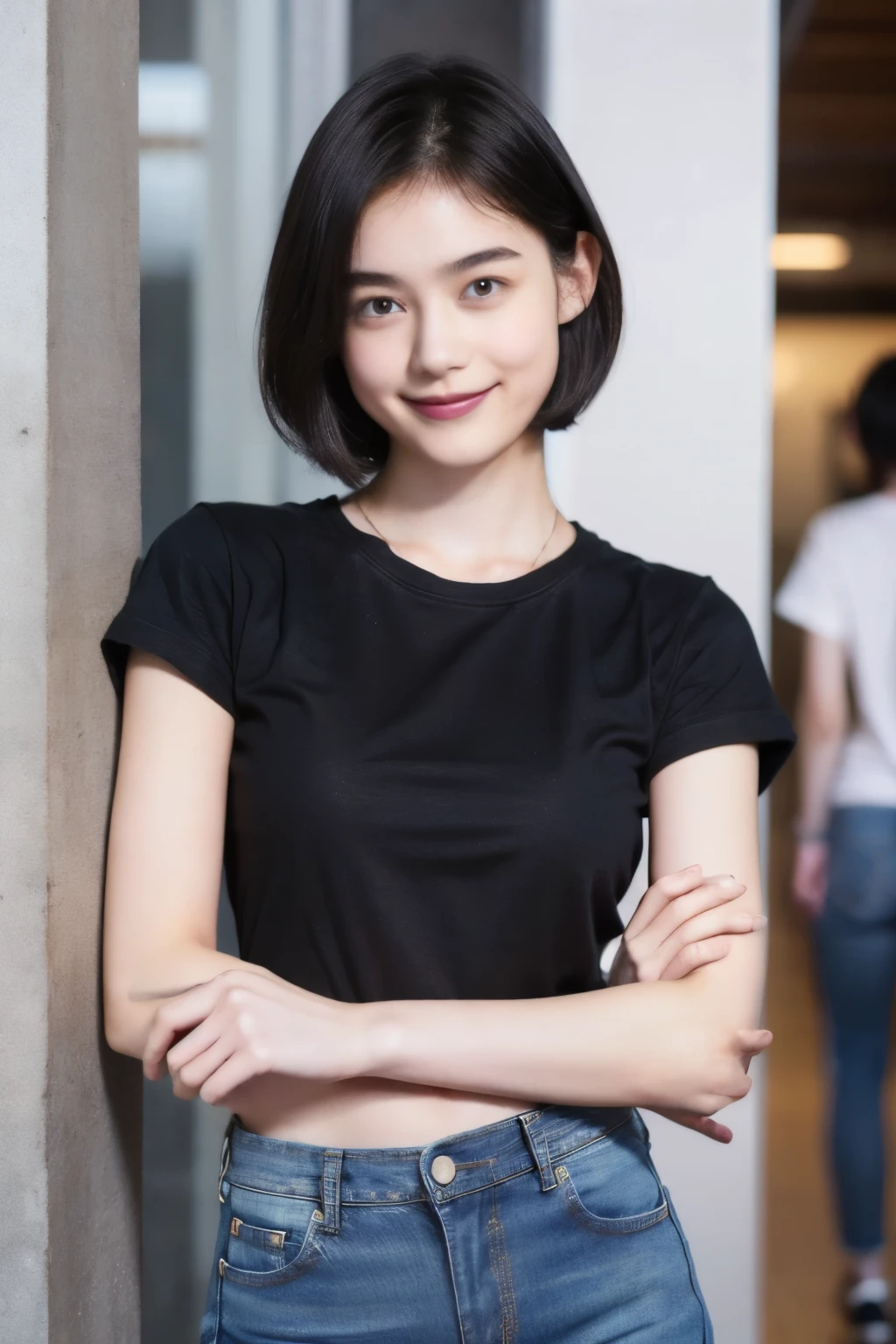 a girl,holding cell phone,short black hair,blue eyes,light smile, black shirt