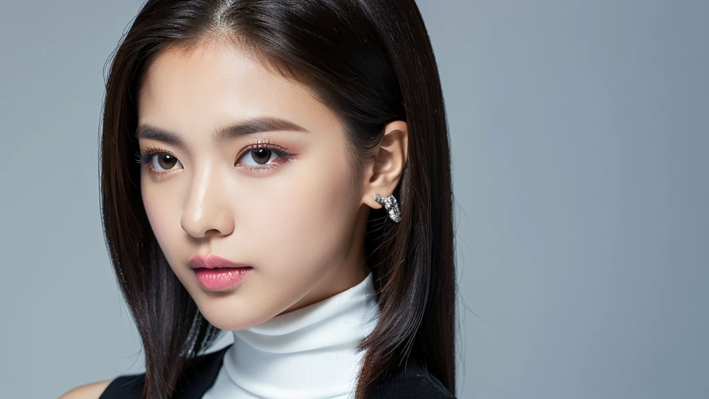 Silver jewelry,(detailed face),VIVID,pretty,sleeveless and turtle neck white silky clothes,4k ,super high resolution ,(photo-realistic: 1.7), white background,black long hair,