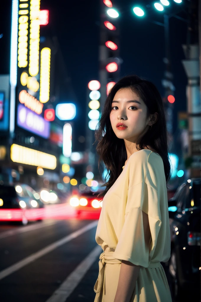 (Cinematic Aesthetic:1.4) Photo of a beautiful korean fashion model bokeh city night