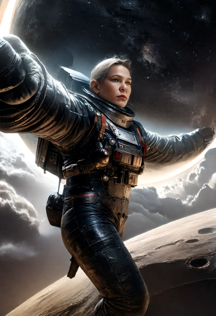 (best quality, 4K, 8K, A high resolution, Artwork:1.2), (realistic, photorealistic, photorealistic:1.37), astronaut floating in space, in the background we have a black hole and some stars, science fiction, Retro technology futuristic, starry fog, exploration, adventure, mystery, Galactic environment, exalted, isolated heroine, interstellar travel, dramatic contrast, distant planets, majestic face, science fiction fashion, smoke and fog effects, contrasting textures, timeless beauty