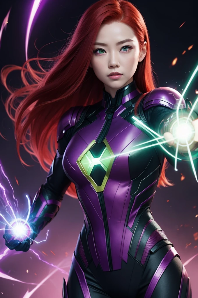 A redhead , with green eyes , Chinesa , with purple powers , with black marvel clothes