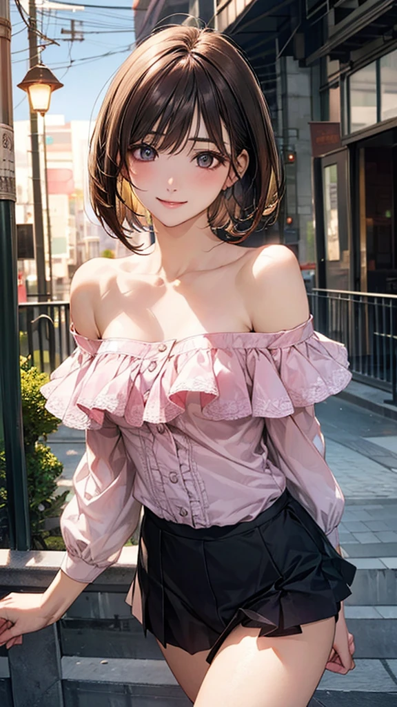 (masterpiece:1.2, top-quality), (realistic, photorealistic:1.4), beautiful illustration, (natural side lighting, movie lighting), nsfw,
looking at viewer, 1 girl, japanese, high school girl, perfect face, cute and symmetrical face, shiny skin,
(short hair:1.5, bob cut:1.6, brown hair), blunt bangs, hair between eyes, grey eyes, drooping eyes, slant eyes, long eye lasher, (),
beautiful hair, beautiful face, beautiful detailed eyes, beautiful clavicle, beautiful body, beautiful chest, beautiful thigh, beautiful legs, beautiful fingers,
((detailed cloth texture, pink ruffled clothes, off shoulder strapless, panties )),
(beautiful scenery), evening, (park, cityscape in the distance), walking, (lovely smile, upper eyes),