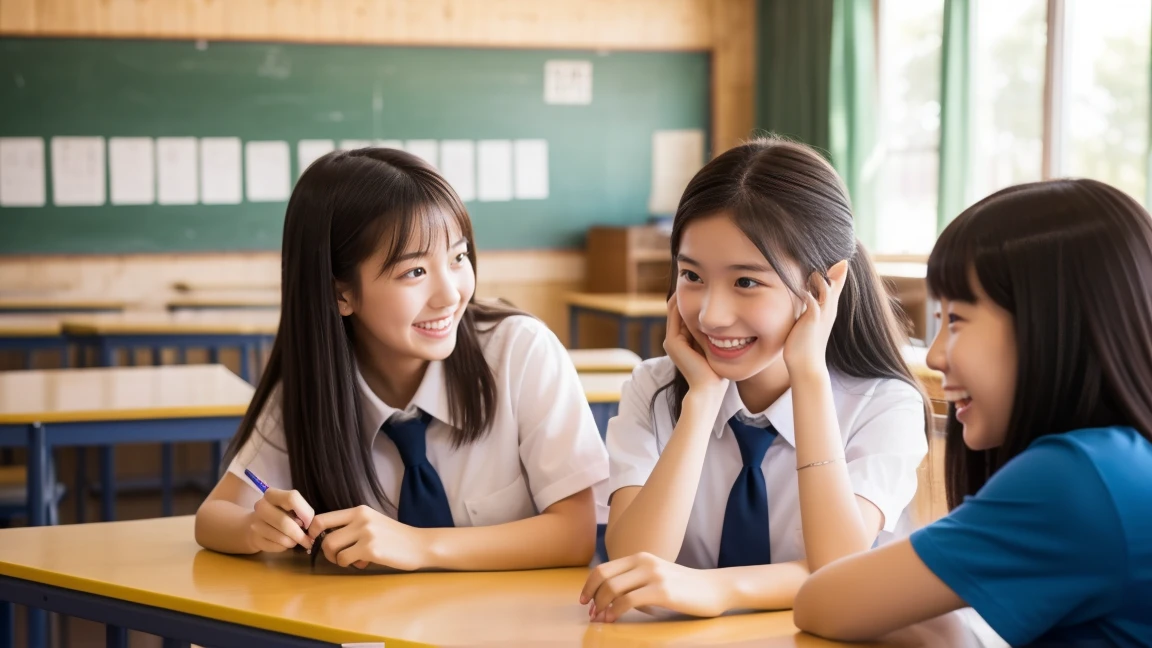 Three high school girls chatting in a classroom、Looks like a lot of fun、All three are cute、Playing with a smartphone