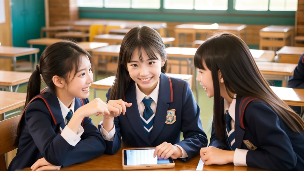Three high school girls chatting in a classroom、Looks like a lot of fun、All three are cute、Playing with a smartphone