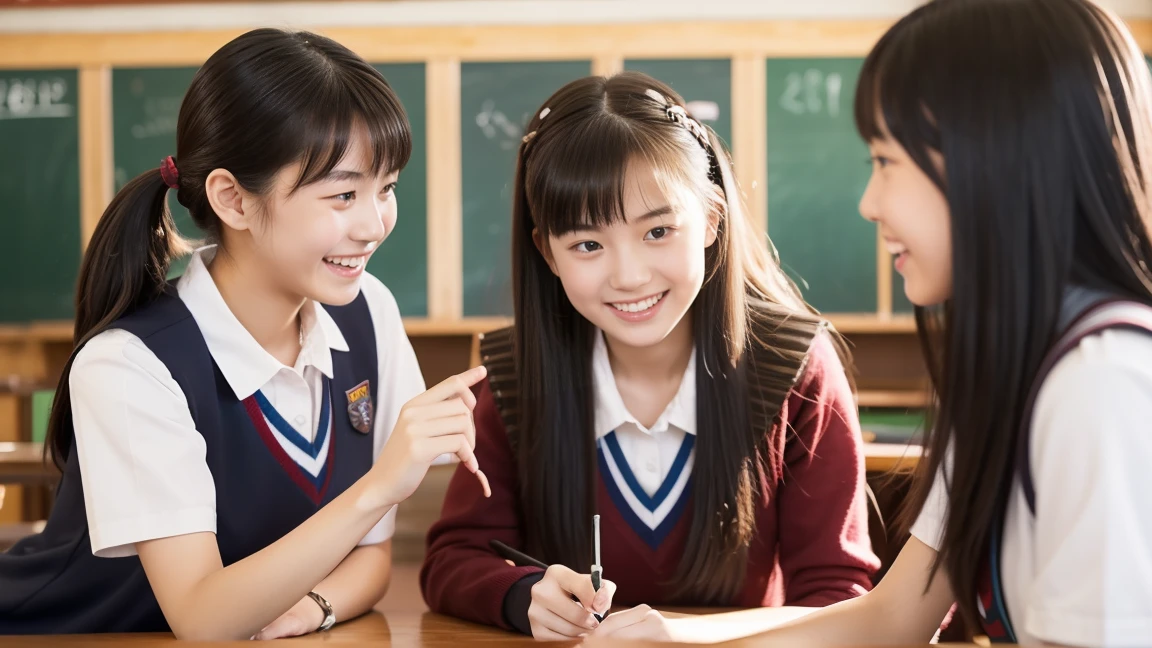 Three high school girls chatting in a classroom、Looks like a lot of fun、All three are cute、Playing with a smartphone
