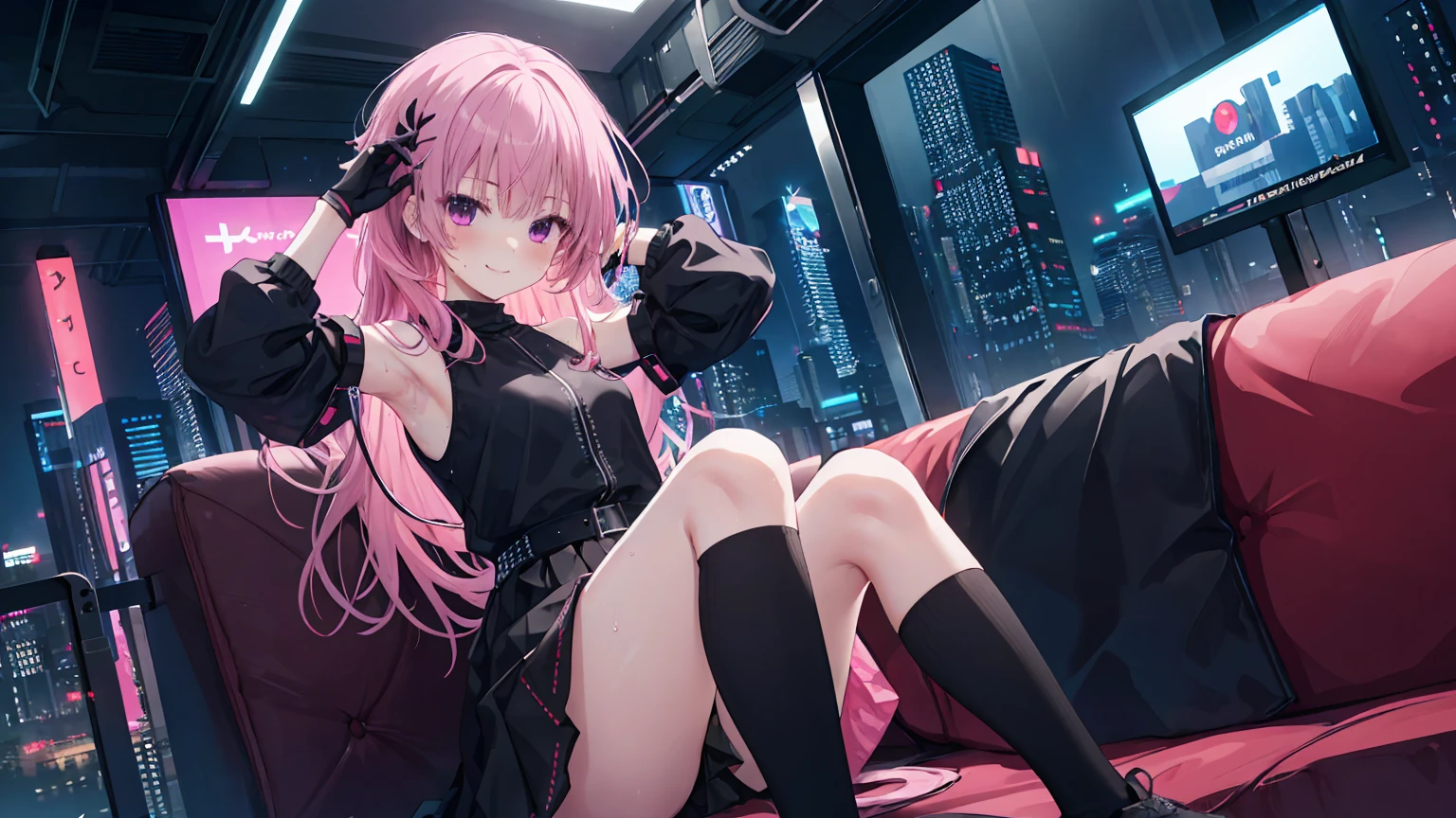 a girl,solo,Mitsukasa Aase,long pink hair,gentle,smile,medium-hair long,straight_hair,(((bare shoulders))),black skirt,black gloves,cyberpunk characters,night,night city background,Digital punk,anime style 4k,Sitting on the sofa,indoors,in bedroom,armpits,kneehighs,arms_up,kind_smile,blush,sleeveless,sweat,full_shot,