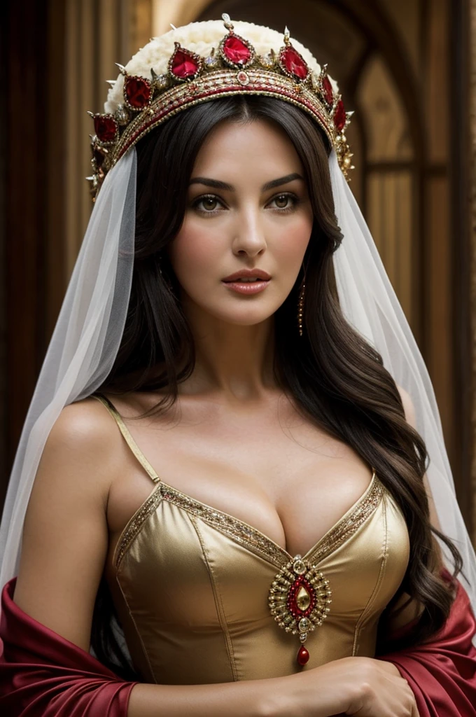 Beautiful brunette girl with a headdress like the one Monica Bellucci wore in the movie Dracula