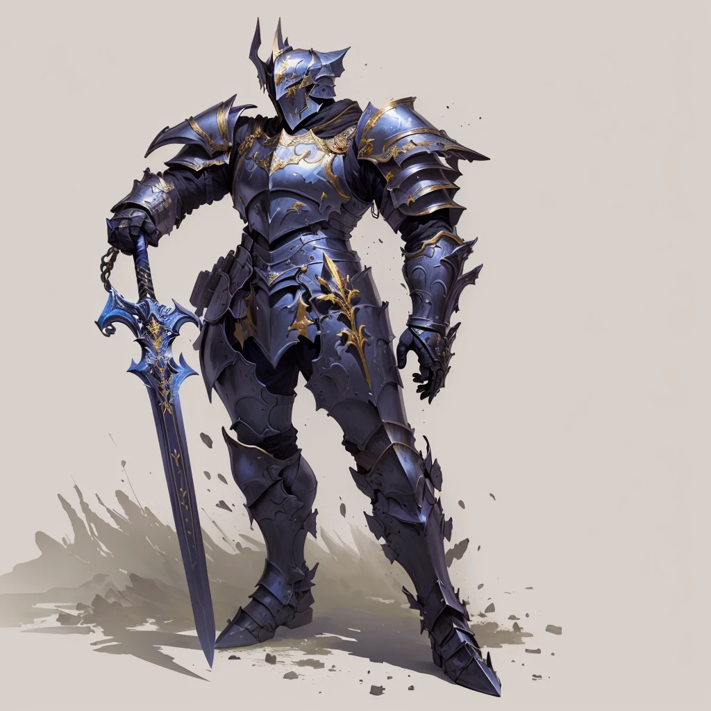 Arafed knight with sword and armor standing in front of a white background., strong fantasy knight, pale black armor, fantasy knight, epic paladin armor, Black and gold armor, armored warrior, dark soul armor concept, Black sharp-edged armor, The Knight in Armor of the Golden Cat, Ares with heavy armor and sword., fantasy paladin, a human paladin