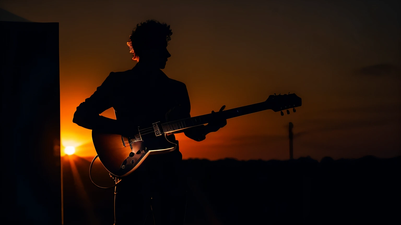 Silhouette in the Twilight: Silhouette of a guitarist with an 80s Flying V guitar against an orange sky at sunset, side-lit tube amplifier, 8K, lights, floodlight lights