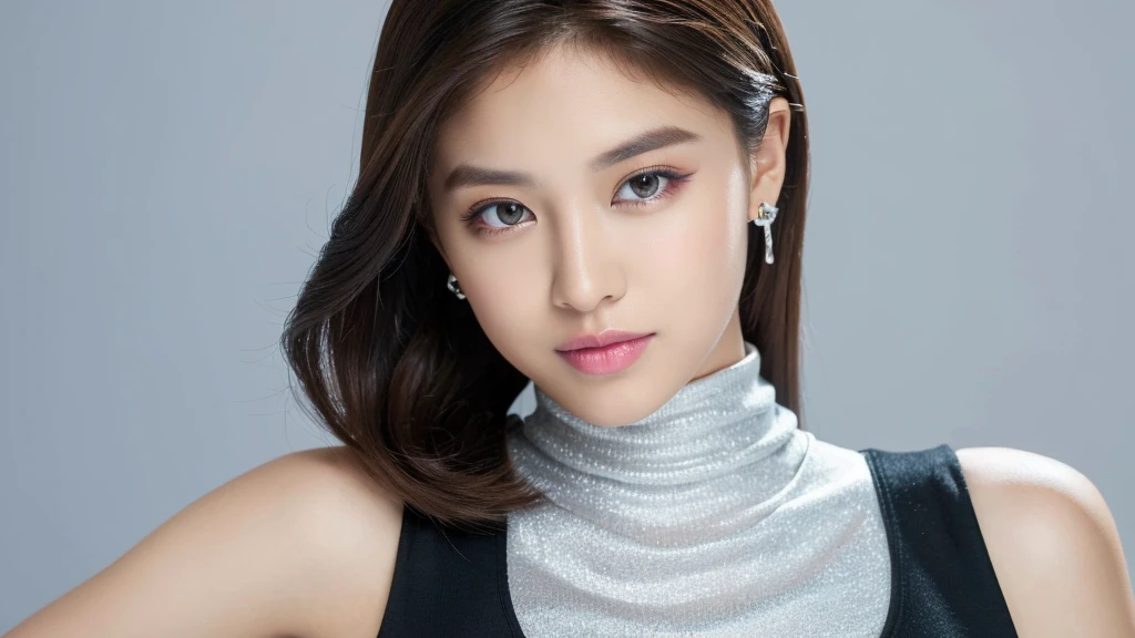 ((Silver jewelry)),(detailed face),VIVID,pretty,sleeveless and turtle neck white silky clothes,4k ,super high resolution ,(photo-realistic: 1.7), white background,black long hair,