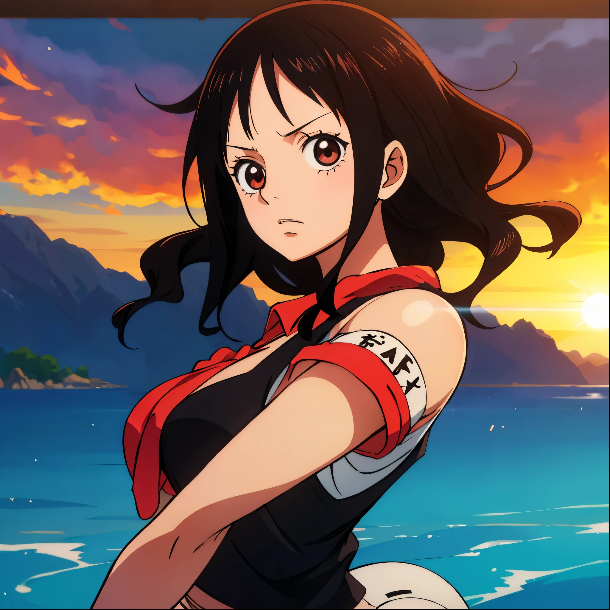 Anime Girl One Piece Short Wavy Black Hair Brown Eyes Wearing Journalist Uniform Warm Lighting Afternoon High Quality Hd Land of Wano Art Style 