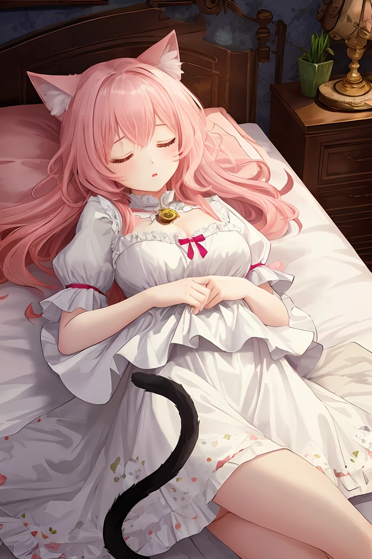 score_9,score_8_up,score_7_up,masterpiece, top quality, best quality, official art, beautiful and aesthetic, animation, , 1girl with cat ear, perfect figure, pink hair, complicated details, hello, time, sleeping ,