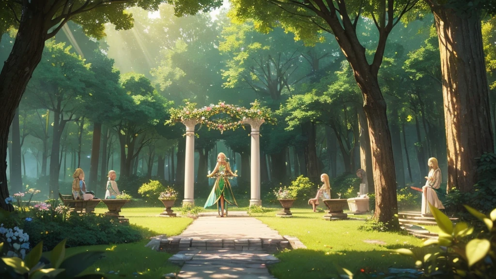 High quality 3D anime style fantasy art, a blonde elven girl is playing a harp in the center. Her emerald gemstone eyes shine and she is wearing casual clothes. People of various races are gathered around her, all listening happily. The background is a fantastical forest square, with soft light at dusk. The scene has warm colors and a relaxing atmosphere.