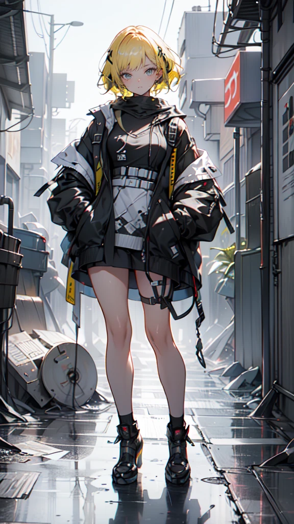 1 girl, short yellow hair, cyberpunk, Alice in Wonderland, black high heels, hand in pocket, best quality, 4k, 8k, highres, masterpiece:1.2, ultra-detailed, realistic, photorealistic, photo-realistic:1.37, HDR, UHD, studio lighting, ultra-fine painting, sharp focus, physically-based rendering, extreme detail description, professional, vivid colors, bokeh, concept art