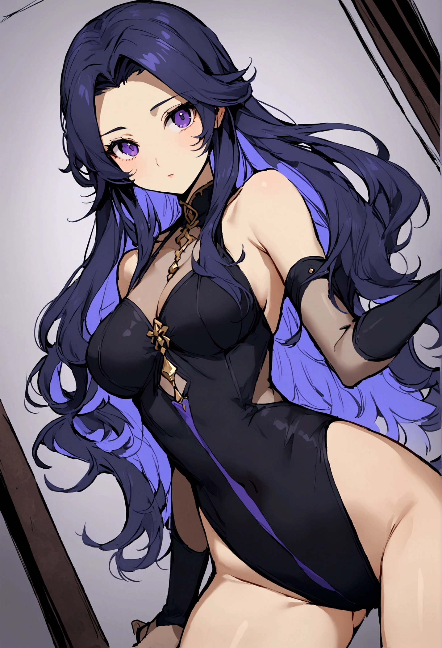 a 20-year-old female character, long wavy dark blue hair, purple and blue streaks in the clear at the tip, dark violet eyes, Caucasian skin, hourglass style body, medium breasts.