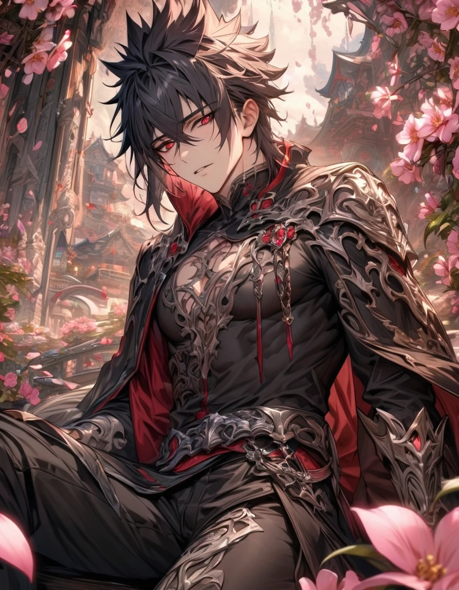 absurdres, highres, ultra detailed, HDR, master piece, best quality, Kaerius, black hair, spiked hair, hair between the eyes, expressive red eyes, Dream and Legacy, solo, sexy man, handsome, sitting, black coat, black tight T-shirt, belt around his chest, silver accessories, fantasy, pink flowers, blossoms, magical, pink petals, water