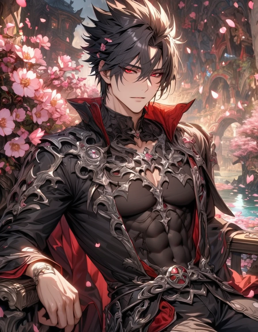 absurdres, highres, ultra detailed, HDR, master piece, best quality, Kaerius, black hair, spiked hair, hair between the eyes, expressive red eyes, Dream and Legacy, solo, sexy man, handsome, sitting, black coat, black tight T-shirt, belt around his chest, silver accessories, fantasy, pink flowers, blossoms, magical, pink petals, water