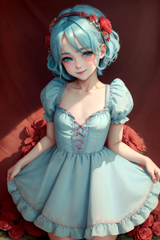 ((best quality)), ((masterpiece)), (detailed), femboy, blue aqua hair, blue eyes,short hair,( flat chest), thin body, big butt, cute face,blush on face, smile face, frilled dress, short dress, red color dress, sexy pose, hot pose, flower background 