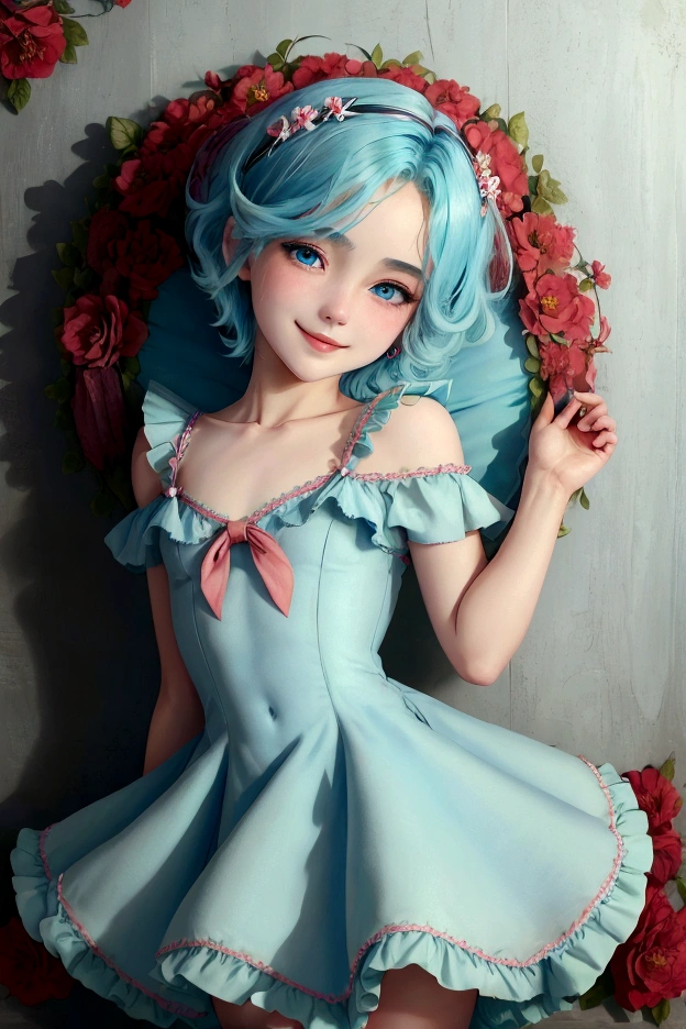 ((best quality)), ((masterpiece)), (detailed), femboy, blue aqua hair, blue eyes,short hair,( flat chest), thin body, big butt, cute face,blush on face, smile face, frilled dress, short dress, red color dress, sexy pose, hot pose, flower background 