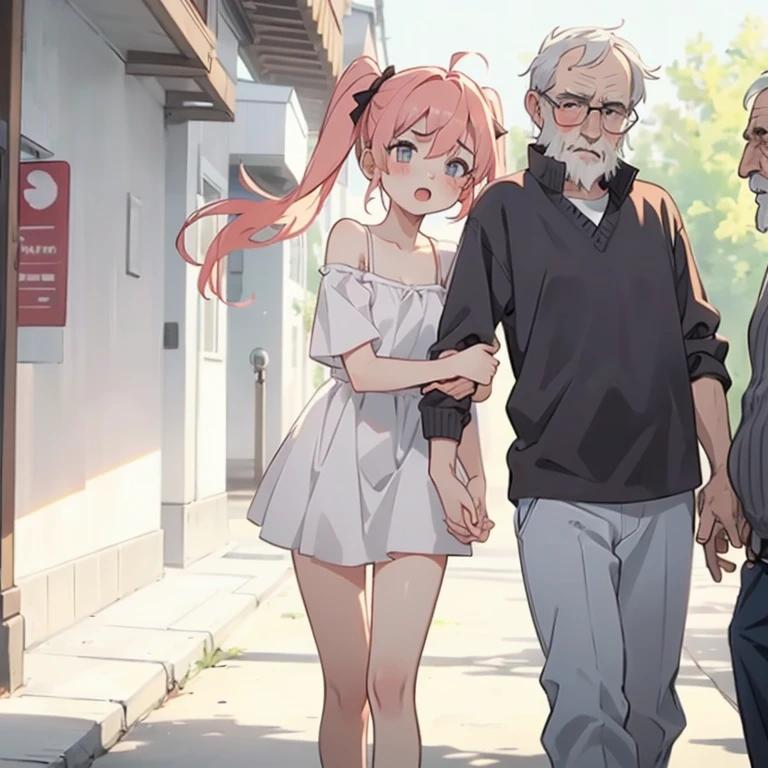 Girl with pink hair, long twin-tail hairstyle, ((small bushy eyebrows)), naked, con ,girl raping a old man in a street, ((old man groping her and penetrating her)) fainted girl