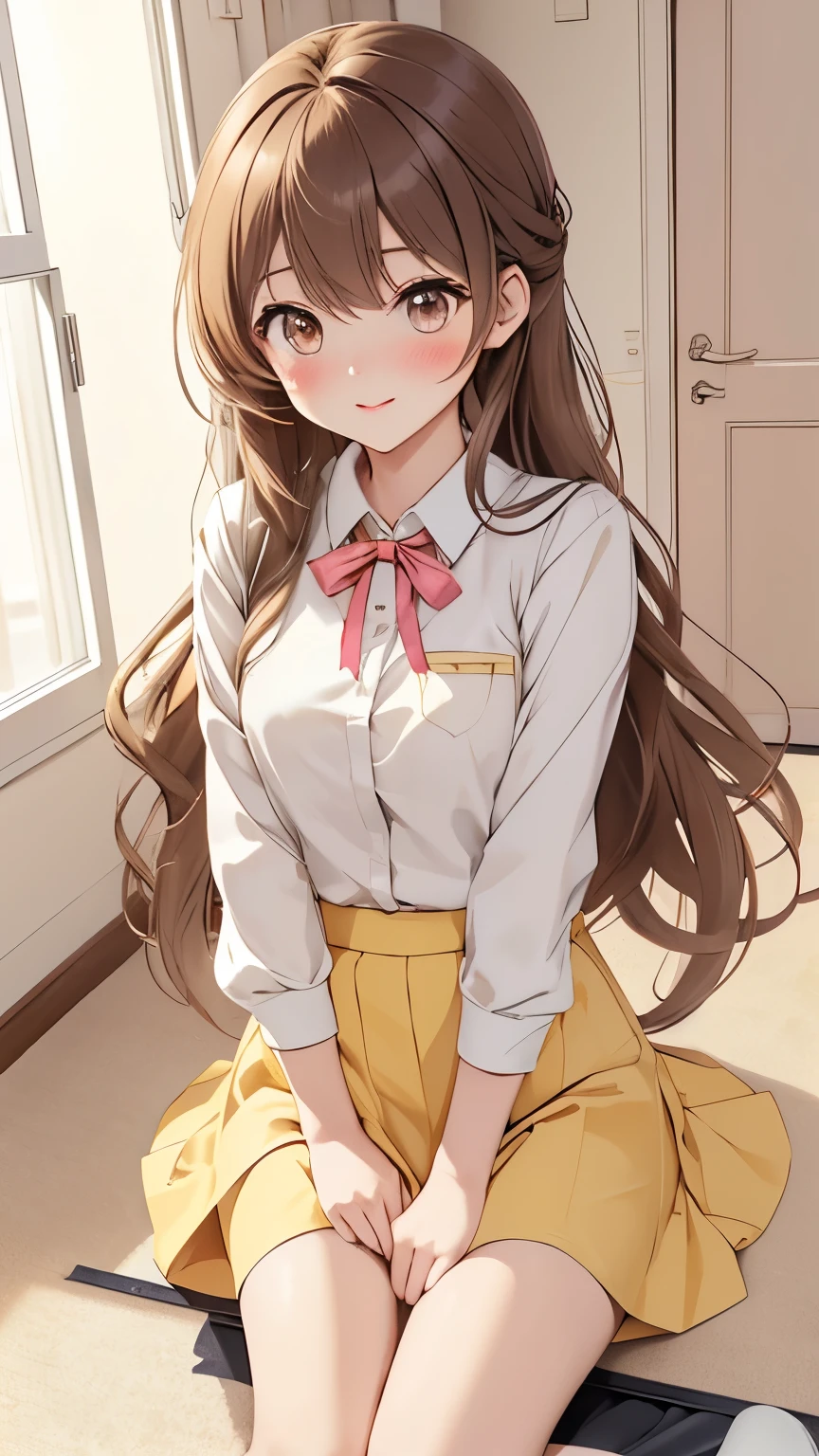 Minami Kotori, 1 Girl, Solitary, masterPageiece, 1 Girl, best quality, Ultra Detailed, (shining), Uniforms, ((floorroom)), exist室内, floor, :Page, blush, Light线追踪,Pageerfect Lighting, (shining skin:1.2),reflection, long_hair, Watching_exist_Viewer, blush, skirt, Ribbon, Double tail, yellow_Eye, Pageantyhose, Bag, Black_Pageantyhose, low_Double tail, Light_Brown_hair, Light环, niPagePageles, Not suitable for working hours,