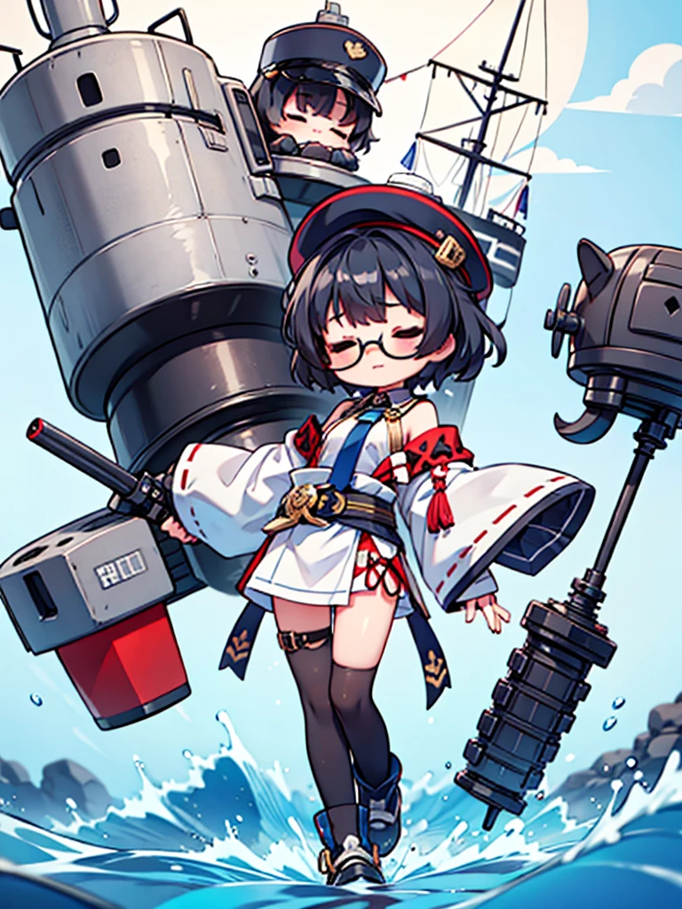 ((((Full body of a woman with perfect flat chest、solo、Short unkempt black hair、Tie your messy hair at the nape of your neck、white military jacket、Miko costume、tights、Black glasses、White military cap、Cloudy black eyes、Confused eyes、Closed Eyes、Junyo hair accessories)))), (((masterpiece))), (((Shipgirl))), ((Floating on the morning sea with both feet)), (Spread your legs wide open), (Hold the turret with your right hand), (Mechanical arms extending from the waist are used to equip the ship with battleship equipment.), (Equipped with a turret on the back), (Holds a triple turret on the left arm), Shotgun shells are attached to the thigh with a belt, Spreading the Machine's Wings, Machine tail, Holding a shotgun, Horn