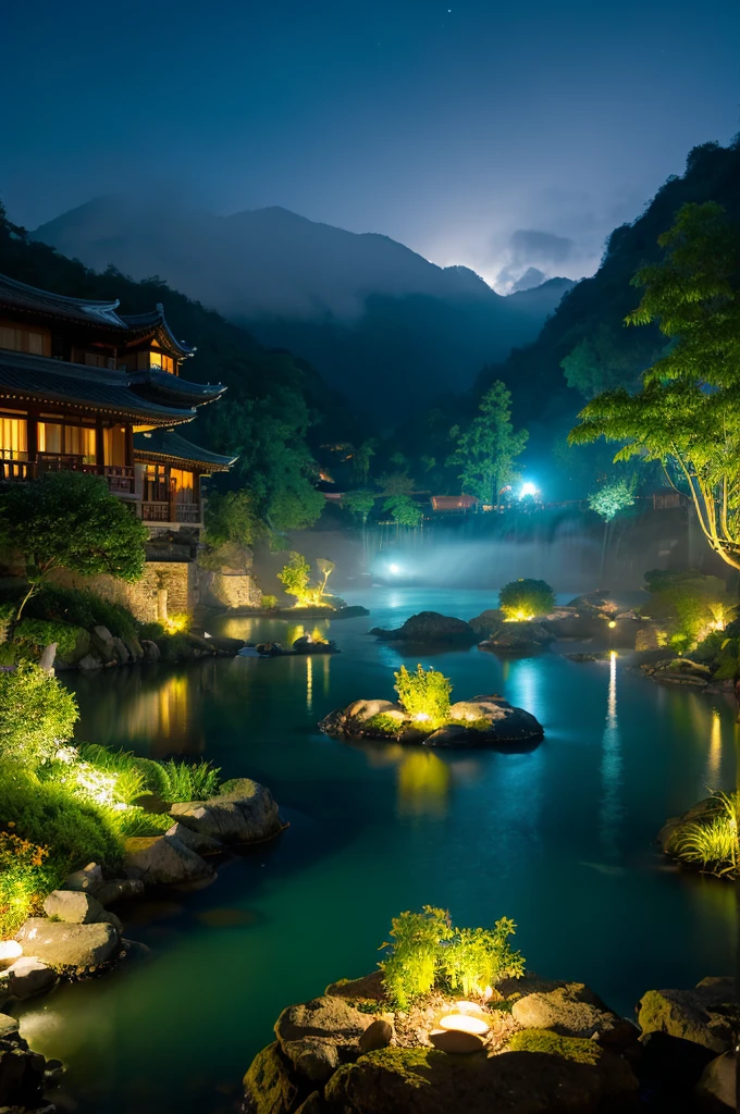 master piece,best quality person,chinese martial arts style,Night view of Asia,Really,Artistic Concept,、 simple,Night view of Asian pond with lots of lights and boats underwater,lake surface,lotus,beautiful night view,(( (chinese martial arts style))), The sky is wide, Even the cliffs of the mountains, ink wash style, contour light, atmospheric atmosphere, Depth of the bounds written, fog gathers, bamboo, pines, Flying Waterfall。