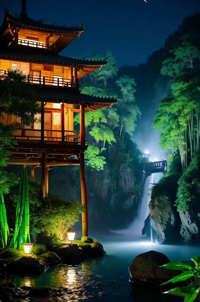 master piece，best quality person，chinese martial arts style，Night view of Asia，Really，Artistic Concept，、 simple，Night view of Asian pond with lots of lights and boats underwater，lake surface，lotus，beautiful night view，（（ (chinese martial arts style))), The sky is wide, Even the cliffs of the mountains, ink wash style, contour light, atmospheric atmosphere, Depth of the bounds written, fog gathers, bamboo, pines, Flying Waterfall。