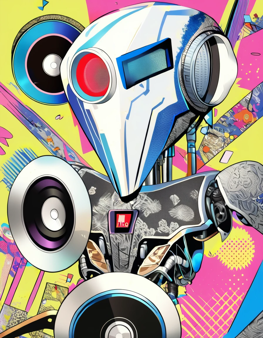 ultra-detailed:1.3, ultra delicate and detailed face:1.3, (absurdres, texture, masterpiece), pixiv contest winner, pop art by Shitao, in the style of neo-dada, Dynamic manga-style illustration of fascinating gloss slender robot with a big speaker head, The robot design is very intricate., The robot is riding on a great white shark., white background,niji5