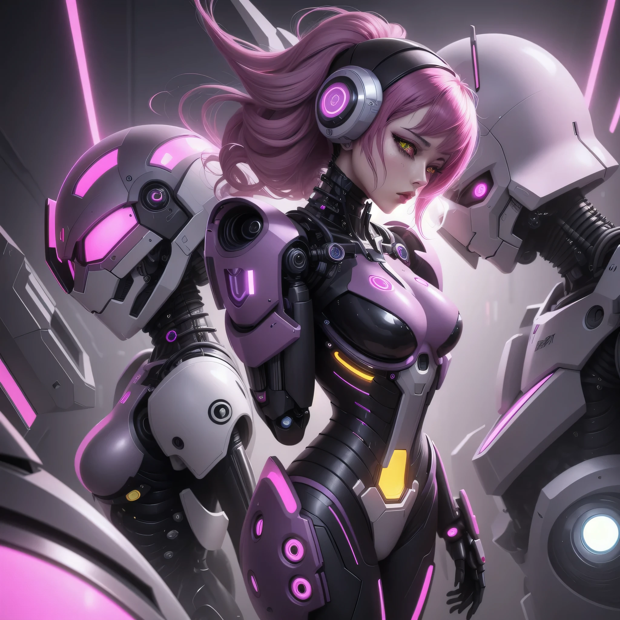 Robot Girl Android Sad Woman Beautiful  Cyborg Sadness Anime Style Background pink purple Cyberpunk black robot costumes with yellow elements Space city pink hair Lower human body skin


