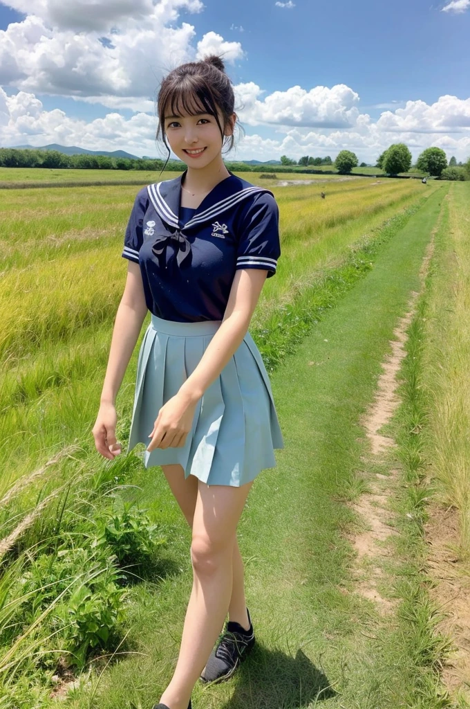 girl walking in rural field on far side,train on far side,cumulonimbus cloud in summer blue sky,sailor shirt and navy blue pleated skirt,18-year-old,bangs,a little smile,thighs,knees,wet short hair with low pigtails bunches,from beside,front light