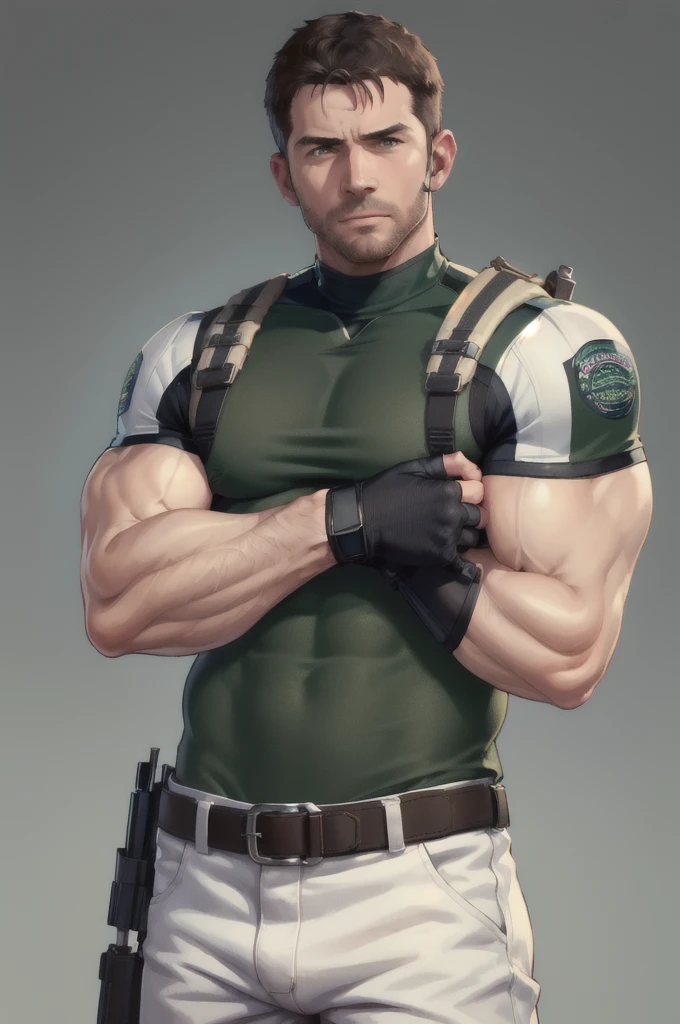 (masterpiece, best quality:1.2), cowboy shot, solo, male focus, 1boy, chris redfield, muscular male, looking at viewer, crossed arms, green taut shirt, white pants, a nice big bulge(fingerless gloves:1.1), belt