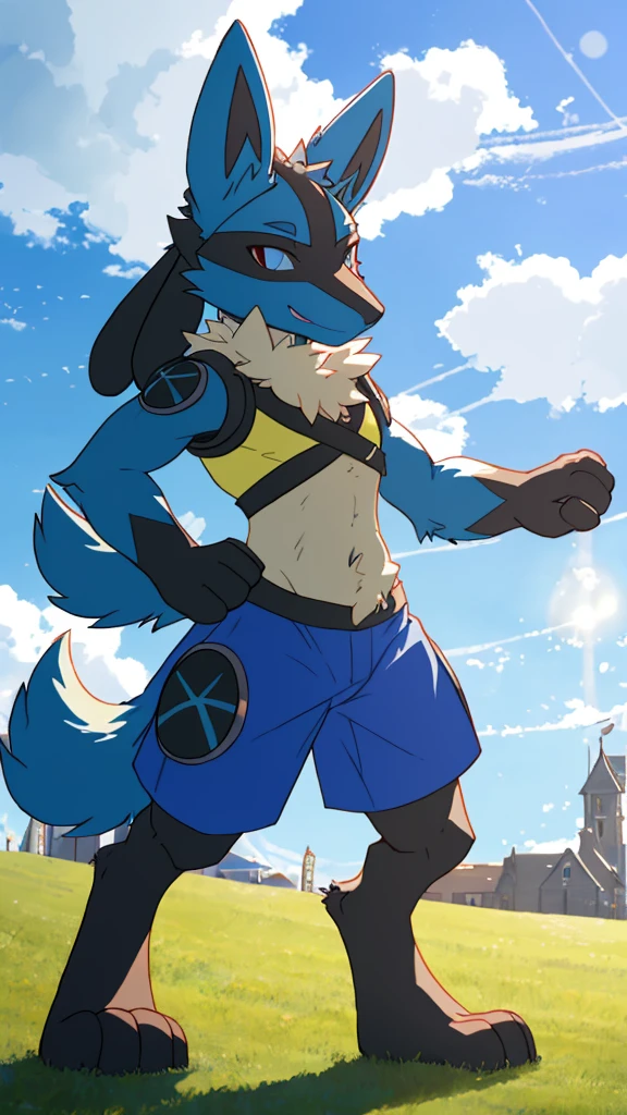 huge bear, chubby，shirtless， alone， detailed， high resolution，， Masterpiece，Obesity in the extremities.，Over weight，Peter Junior，people, traveling through the town,  hero of the people best quality, masterpiece work, high quality, lucario (pokemon), male lucario, (((lucario's Fur))), ((lucario's appearance)), Protogen, lucario × Protogen, strike a pose