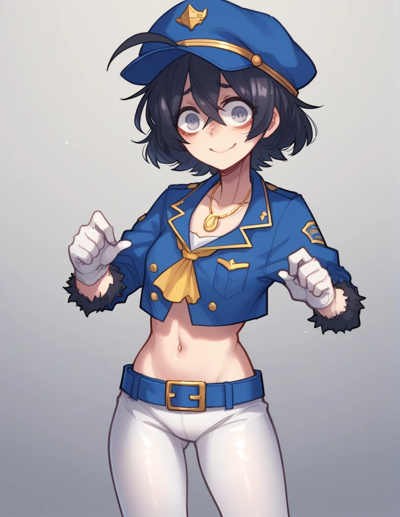 1 girl, alone, black fur, short hair, messy fur, Ahoge, grey eyes, blind eyes, kind eyes, very nervous, beautiful smile, sweet look,
Dark blue machinist uniform, The top part of the uniform reveals his abdomen and navel, blue miniskirt with belt and gold pendant, a cap of the same color with gold tones, white and blue and white tights. Dark blue boots and white gloves on both hands.
cosplay (Nozomi blue file)