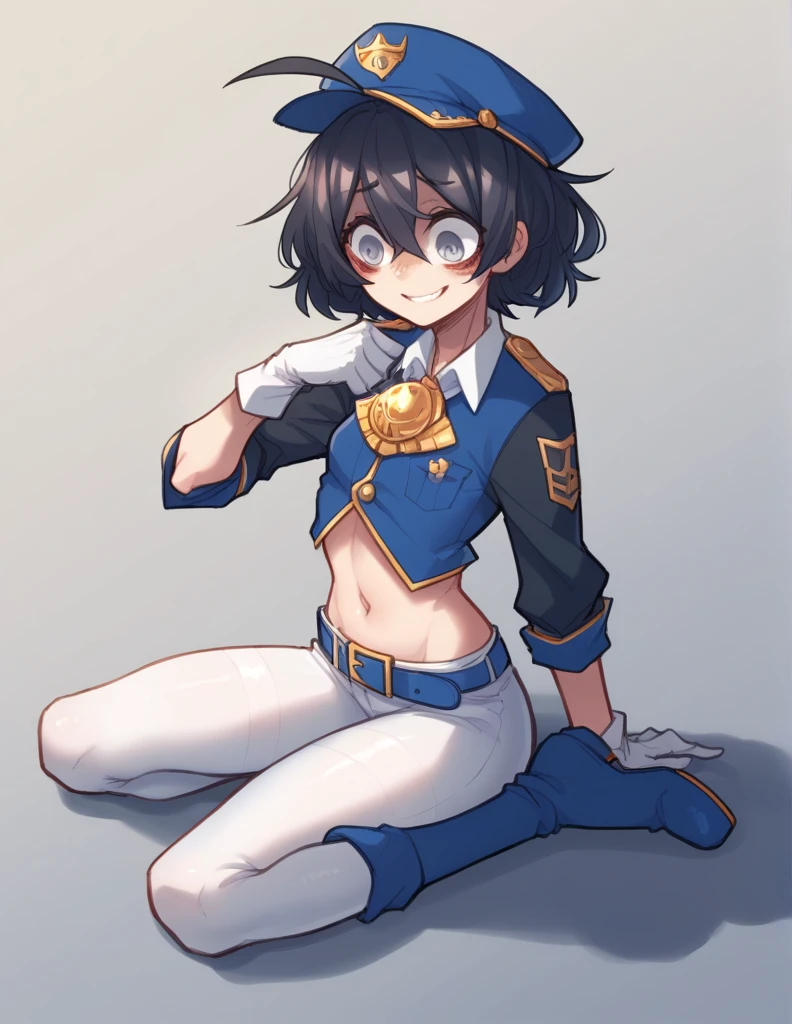 1 girl, alone, black fur, short hair, messy fur, Ahoge, grey eyes, blind eyes, kind eyes, very nervous, beautiful smile, sweet look,
Dark blue machinist uniform, The top part of the uniform reveals his abdomen and navel, blue miniskirt with belt and gold pendant, a cap of the same color with gold tones, white and blue and white tights. Dark blue boots and white gloves on both hands. 
cosplay (Nozomi blue file)