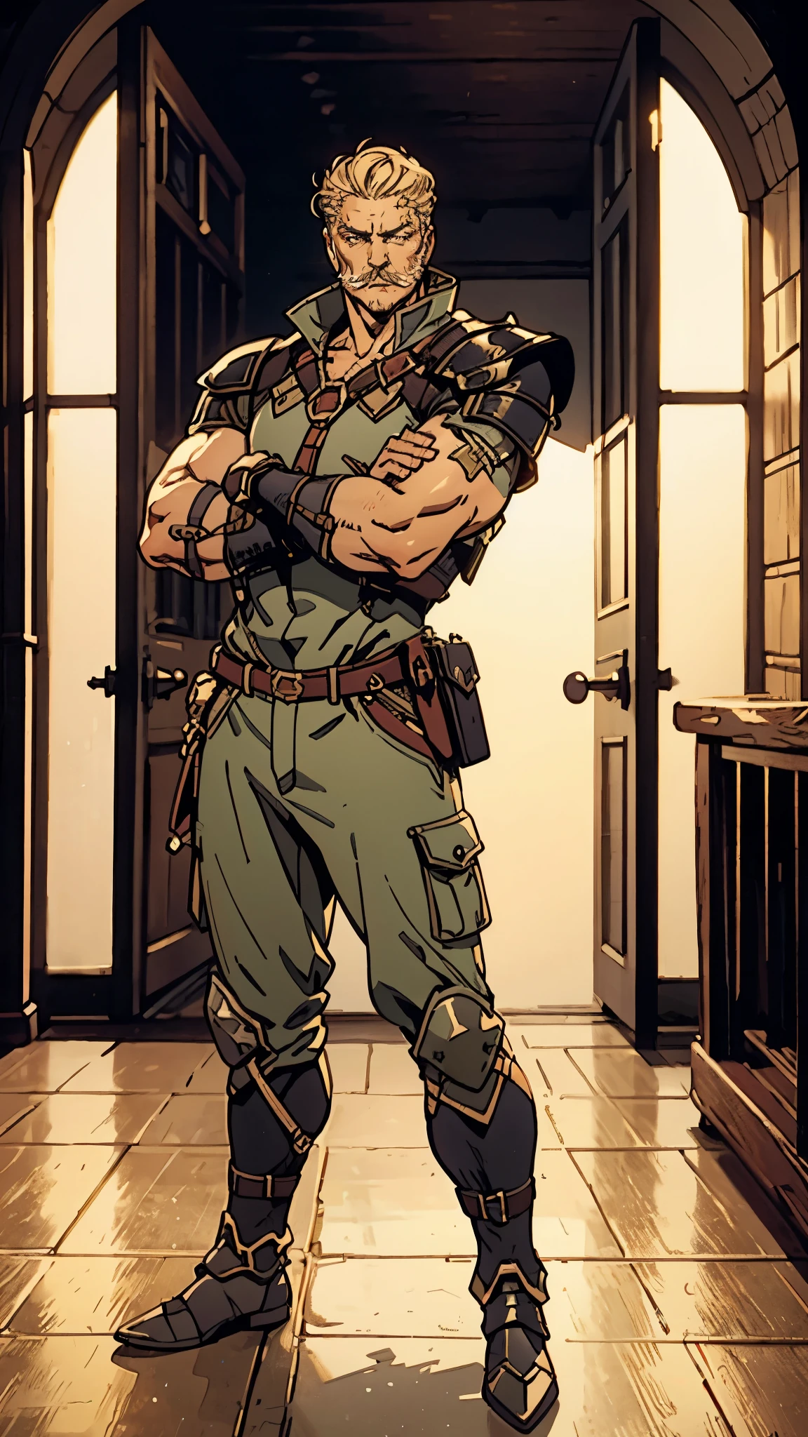 (masterpiece:1.2, best quality, extremely delicate, perspective, foreshortening, dynamic angle), a middle-aged man with slicked-back golden hair, a dignified face, deep eyes, a mustache on his upper lip, a focused expression, tall and muscular, covered in scars, fantasy-reality style warrior leather armor, ribbons tied around his arms, black iron bracers, dark cargo pants, standing guard in front of a fortress gate, this character embodies a finely crafted fantasy-realist style warrior in anime style, exquisite and mature manga art style, dramatic, high definition, highres, ultra-detailed, ultra-fine painting, professional, perfect body proportions, golden ratio, anatomically correct, symmetrical face, extremely detailed eyes and face, high quality eyes, creativity, RAW photo, UHD, 32k, Natural light, cinematic lighting, masterpiece-anatomy-perfect