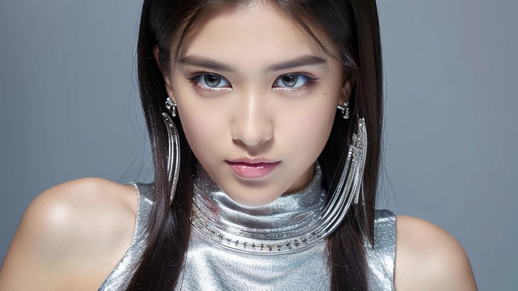 (((Silver jewelry))),(detailed face),VIVID,pretty,sleeveless and turtle neck white silky clothes,4k ,super high resolution ,(photo-realistic: 1.7), white background,black long hair,