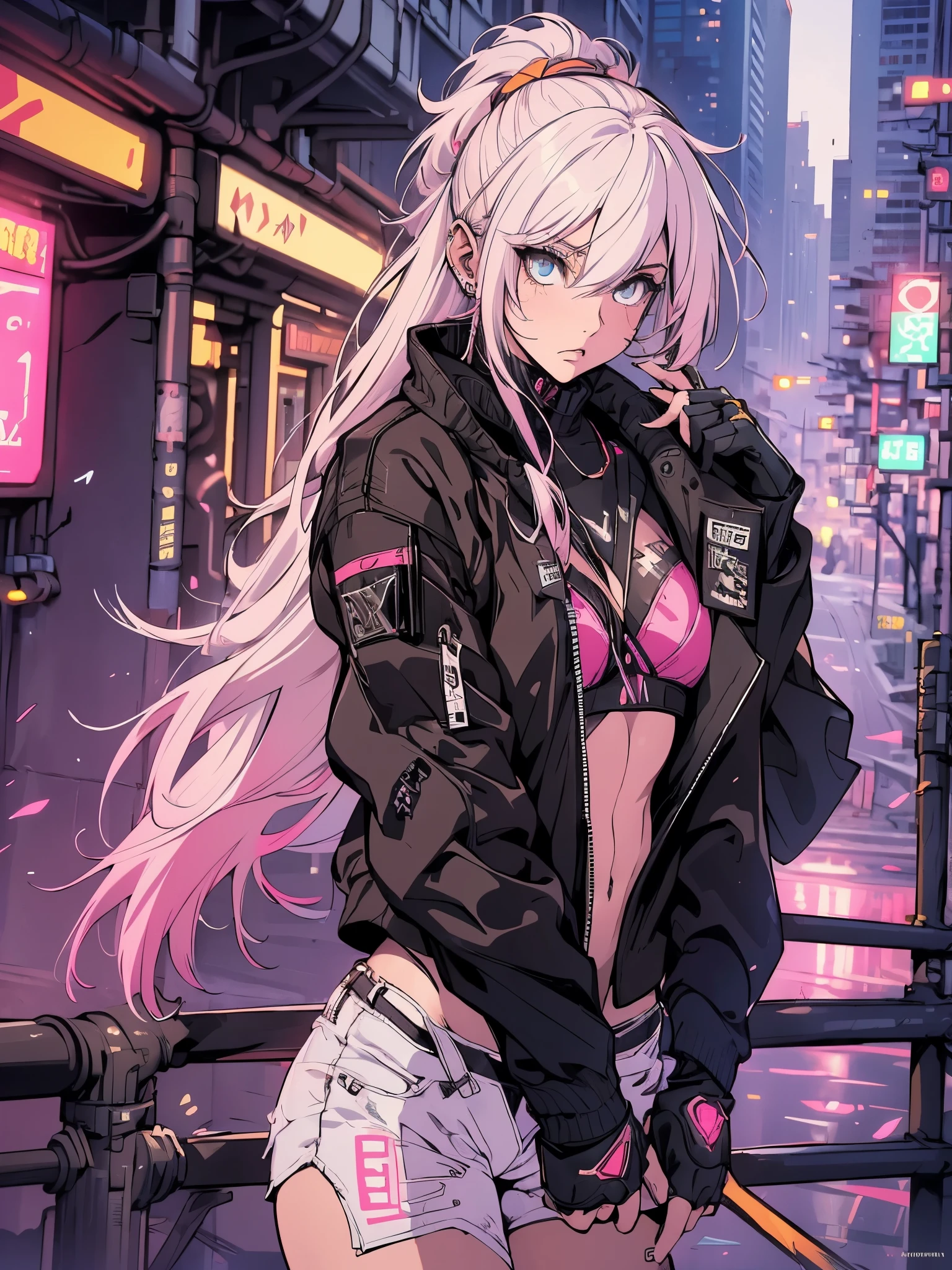 a woman in a pink bikini and black jacket sitting on the bridge handrail, (((She is wearing a black jacket and pink bikini, white  hair, White sneakers))), Tuuli, sunset, twilight, cyberpunk art style, cyberpunk 2 0 years. oh model girl, hyper-realistic cyberpunk style, cyberpunk vibes, cyberpunk style ， hyper realist, beautiful cyberpunk girl, cyberpunk art ultrarealistic 8k, cyberpunk girl, cyberpunk art, female cyberpunk anime girl, in cyberpunk style, cyberpunk judy alvarez
