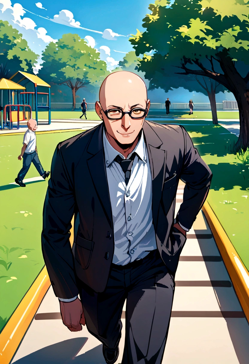 Bald avatar man with glasses walking on playground 