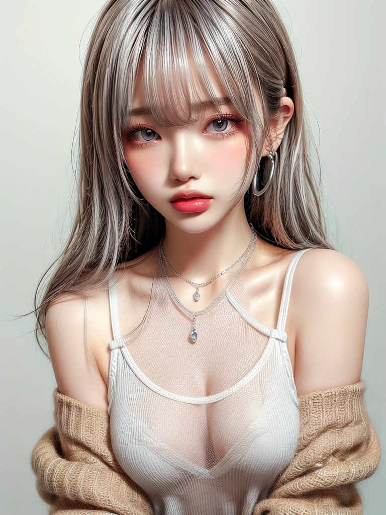 (((amount、White 、Asian Woman、beautiful girl、Silver Hair、White Background、)))、Tabletop, Highest quality, shape, Very detailed, finely, High resolution, 8k wallpaper, Perfect dynamic composition, finelyて美しい目, Deco Out, Medium Hair, Small breasts, Natural color lip,White Background, Random cute poses,White tank top、(((See-through 1.5)))、Necklaces and earrings、