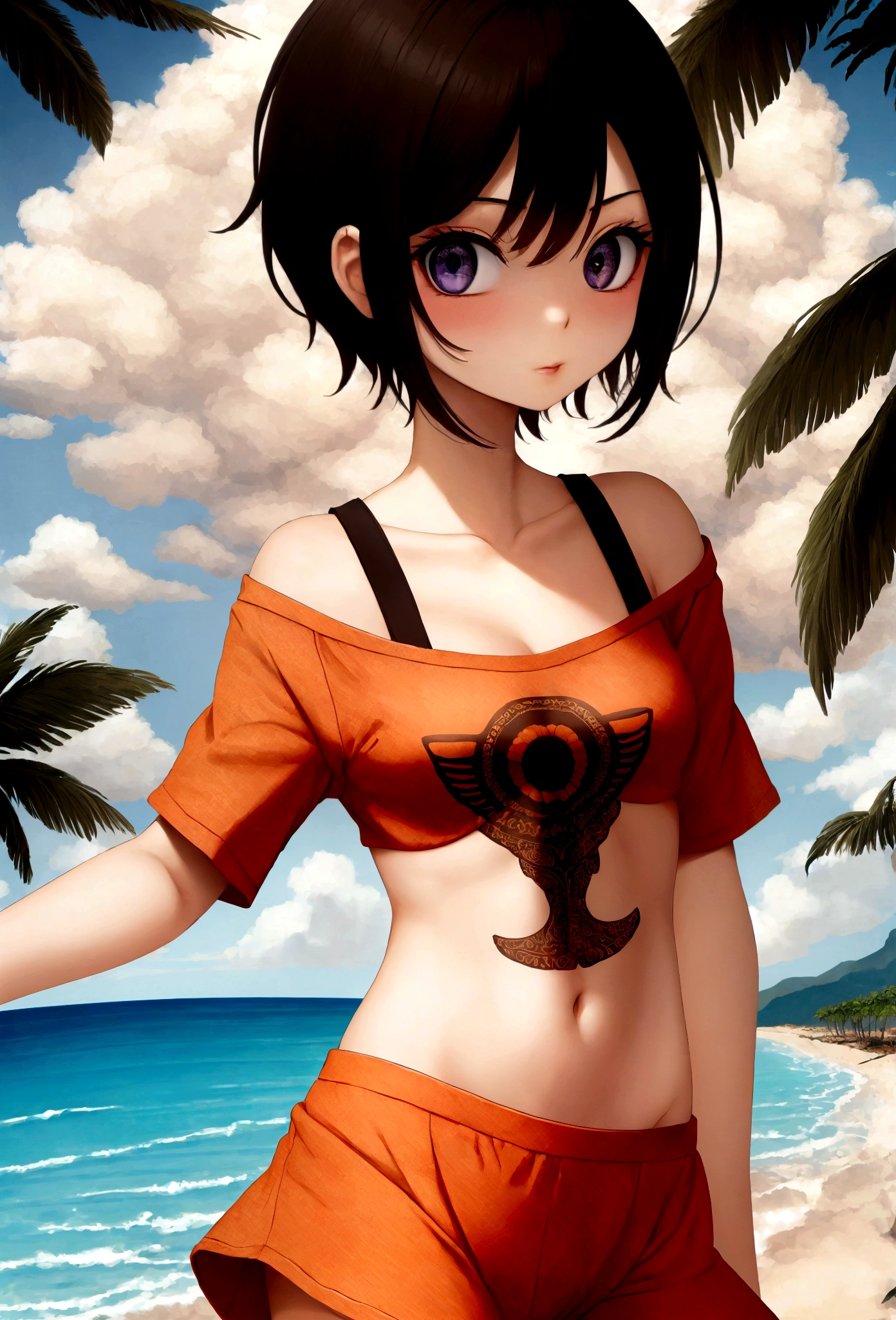 tshirt design, rzminjourney, Vector art, summer design, Hot as Hawaii,  Super Short Hair, side lock hair,