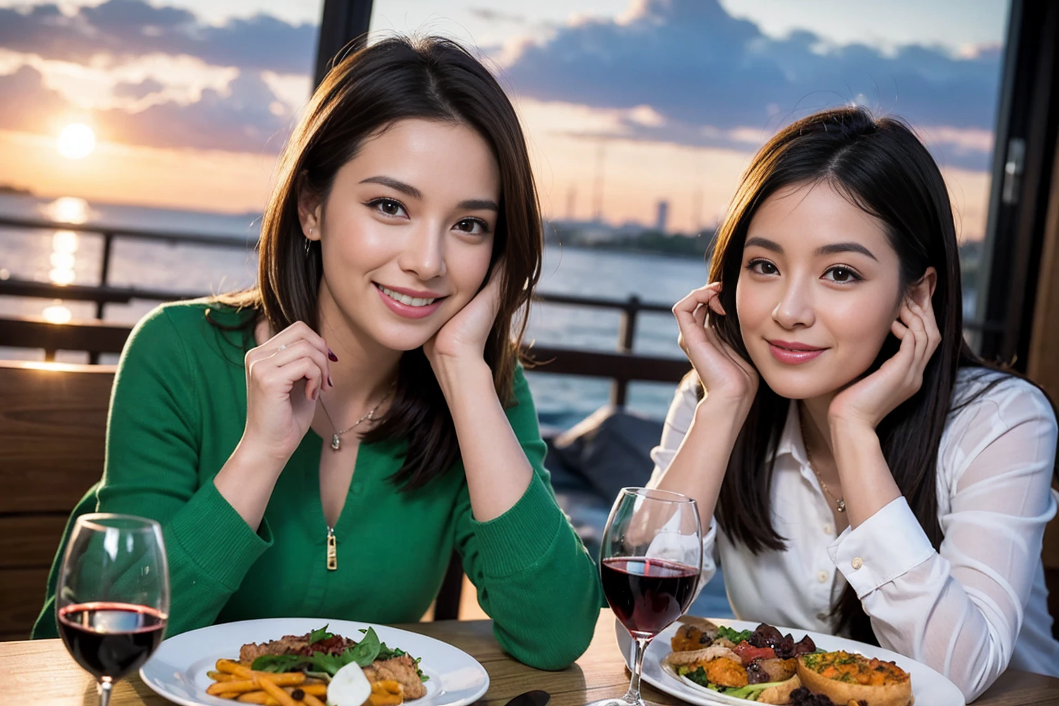 ((Highest quality、8K、masterpiece:1.3))、1 male 1 female、Very short slim lover、Beautiful couple、smile、full-course dinner、 (Slim face), (the body is スリム), (Brown Hair), (Shortcuts), ((Bob Hale、Straight hair:1.2)), テーブルの上のwine glass、Put the light on your face、 Amazing view of the sunset sky and clouds、smileの美しさ、Bright image、Blushing, Shortcuts, (43 years old), 39 years old, Appetizers、Italian food、Wine bottle、Champagne、sparkling wine、Long sleeve shirt、dress、Attractive beauty、restaurant, Nova Frog Style, actress, model, Upper Body, White wine, red wine, wine glass,