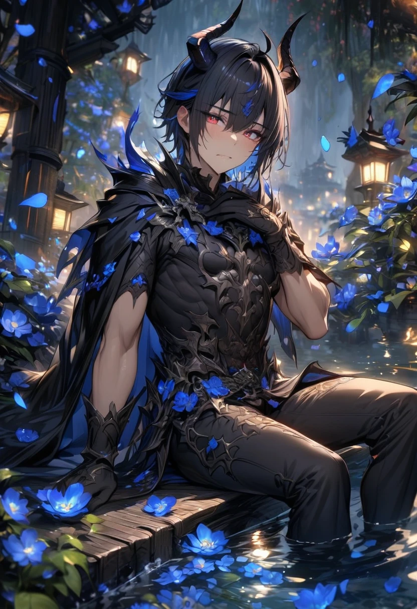 Ultra detailed, highres, absurdres, HDR, master piece, Agares, black hair, short hair, expressive red eyes, Demon Fantasy, blue petals, blue flowers, water, black cape, sexy man, solo, best quality, blossoms, blue shining fireflies, black horns, black tight shirt, fantasy, black horns, black gloves, sitting, black pants, faint beard