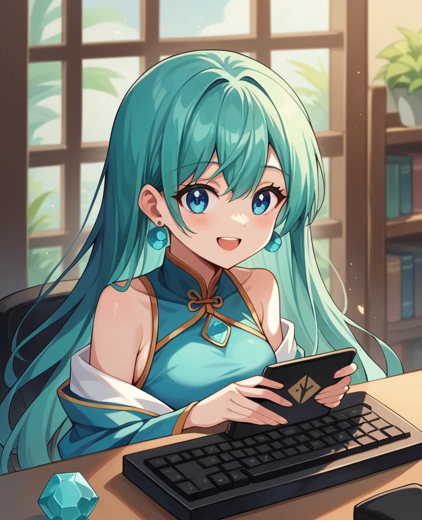masterpiece, Highest quality, Super detailed, figure,(One girl),Beautiful attention to detail, View your viewers, (Holding a computer keyboard), Happy, (Turquoise Hair:1), (Blue round eyes:1), (Round earrings), (turquoise large gemstone necklace), Cute round face, Long Hair, smile, Fantasy Chinese Clothing