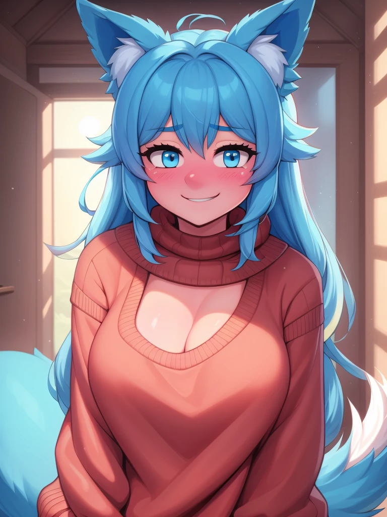 (Masterpiece) (High Detail) (High Res) A close up of a short slim humanoid girl with pale human skin and blue eyes and long blue hair and blue dog ears and a fluffy blue dog tail and average breasts. She is wearing only a oversized baggy turtle-neck sweater. She is blushing and looks cheerful.