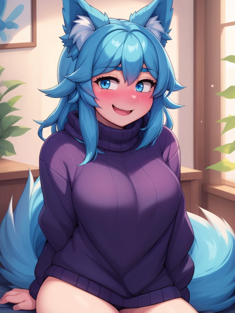 (Masterpiece) (High Detail) (High Res) A close up of a short slim humanoid girl with pale human skin and blue eyes and long blue hair and blue dog ears and a fluffy blue dog tail and average breasts. She is wearing only a oversized baggy turtle-neck sweater. She is blushing and looks cheerful. 