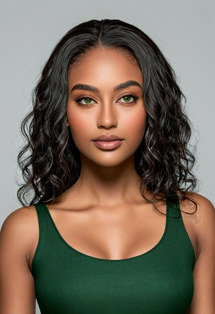 A beautiful woman, beautiful Latin face, young Brazilian Nyvi Estephan, Brazilian supermodel, serene and elegant beauty, Angolan descent, young adult 30 years old, nerdy woman, tall woman, a black woman stunning, with indigenous features, beautiful indigenous girl, native Brazilian, ((An indigenous African girl with European ebony)), ((her beauty is undeniable)), beautiful young ebony girl with dark skin, tanned Mexican, black highlighted hair brown, curly black hair with brown highlights, Voluminous black hair with brown highlights, vibrant and dynamic cut with soft waves can give a modern and stylish touch. She has an exotic beauty with beautiful green eyes, realistic green eyes, bright green eyes, ultra detailed green eyes, ultra realistic green eyes, natural green eyes, hyper realistic eyes, eyeliner, long eyelashes and a defined, penetrating look that conveys confidence, striking, powerful expression, strong presence, striking makeup, red lipstick, full lips, voluminous lips, seductive lips, captivating, striking, unforgettable, dazzling and mischievous smile, sexy, her features are captivating. beautiful and detailed face, detailed skin texture, perfect eyebrows that arch gracefully above the eyes, small nose that is proportionate to the face, and soft contour of the face that accentuates the high cheekbones. Beautiful and glowing skin, intricate details, smooth skin, healthy and radiant appearance, Attractive slim woman, Medium bust, athletic, slim waist, wide hips, big ass, thick thighs, legs shapely concept art. She wears a black sleeveless tank top and a long dark green skirt with butterflies printed on the skirt and high-heeled sandals. Urban photography, urban environment, Woman in shopping center, shopping mall background. 3D 4k, high resolution, full sharpness photo realistic, breathtaking, Lentille nette, Photographie professionnelle, Objectif 70mm, Unreal Engine 5, wallpaper,